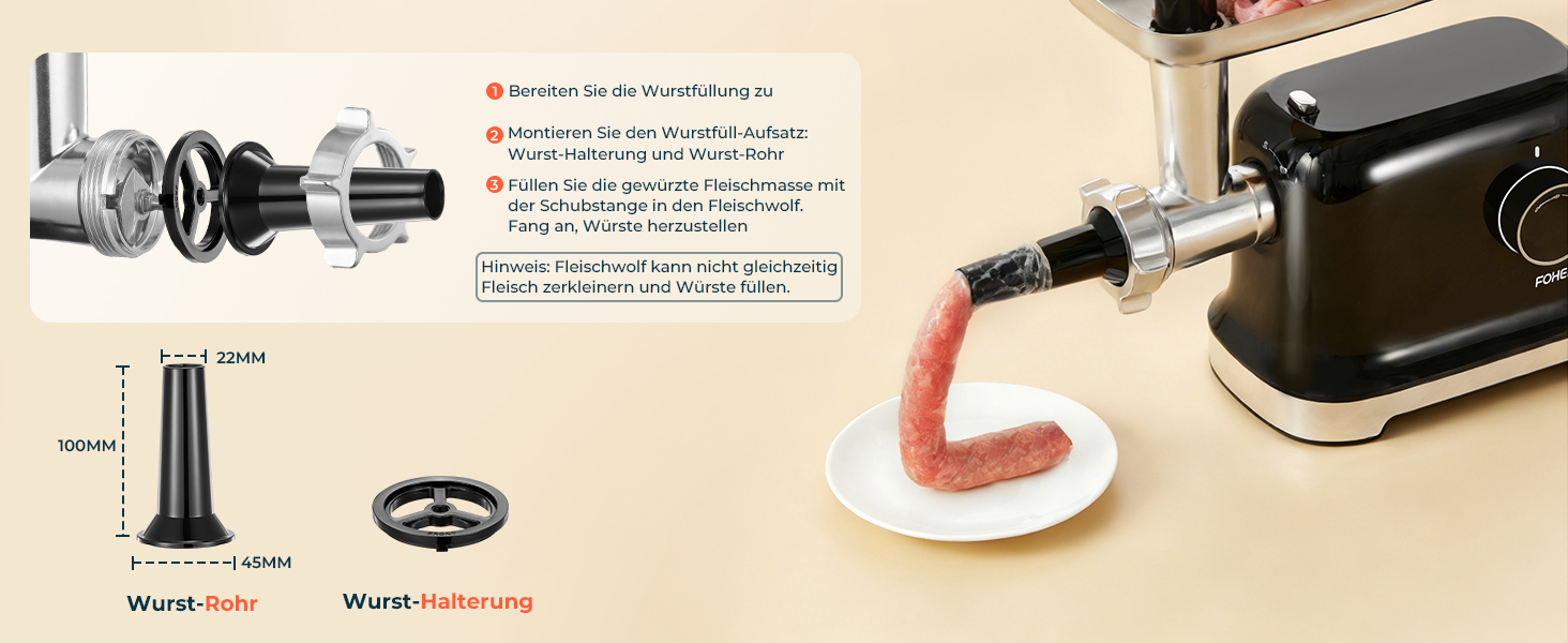 М'ясорубка електрична Fohere 2000 Вт з насадками для ковбас та кубів, 3 диски (3/5/7 мм), чорна