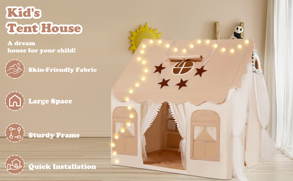 Дитяче намет-ігровий будиночок Snookids Kinderzelt Indoor з килимком, ліхтариками, прикрасами-веселкою та прапорцем-зіркою для хлопчиків та дівчаток