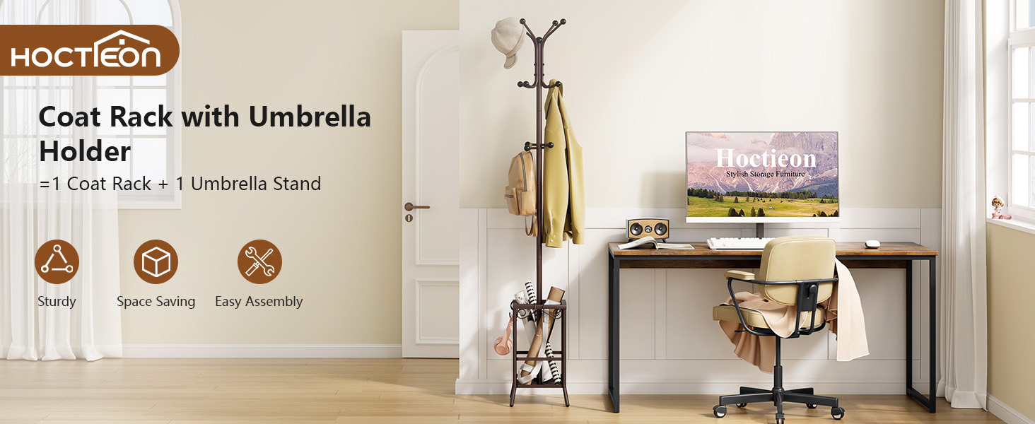 Вішалка-гардероб Hoctieon підлогова з підставкою для парасольок, металевий стійка-вішалка з 12 гачками для передпокою, коричнева