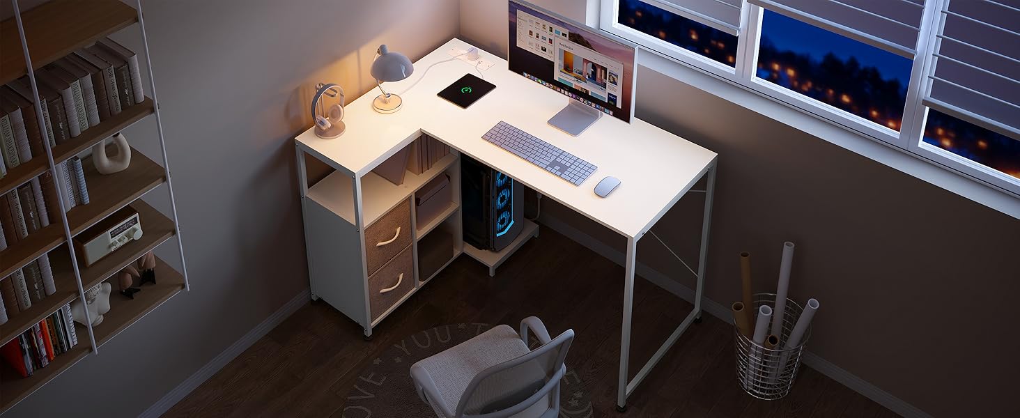 Кутовий стіл WOLTU білий з USB-роз'ємами (A/C) 120x80x75 см - стіл для комп'ютера з полицею та підключенням до електромережі, металевий каркас