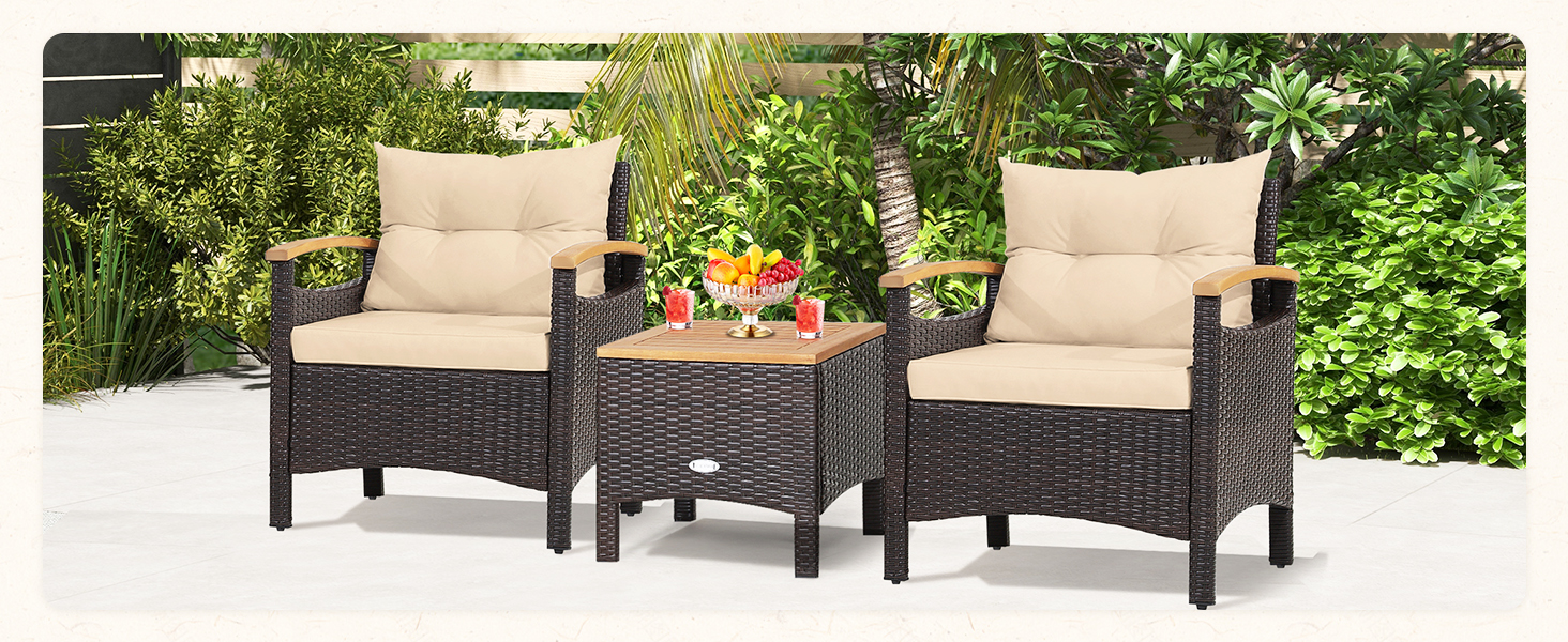 Набір садових меблів GIANTEX 5 предметів: 2 крісла, 2 пуфи та столик - ротанг, кремово-білий колір, для саду та балкону