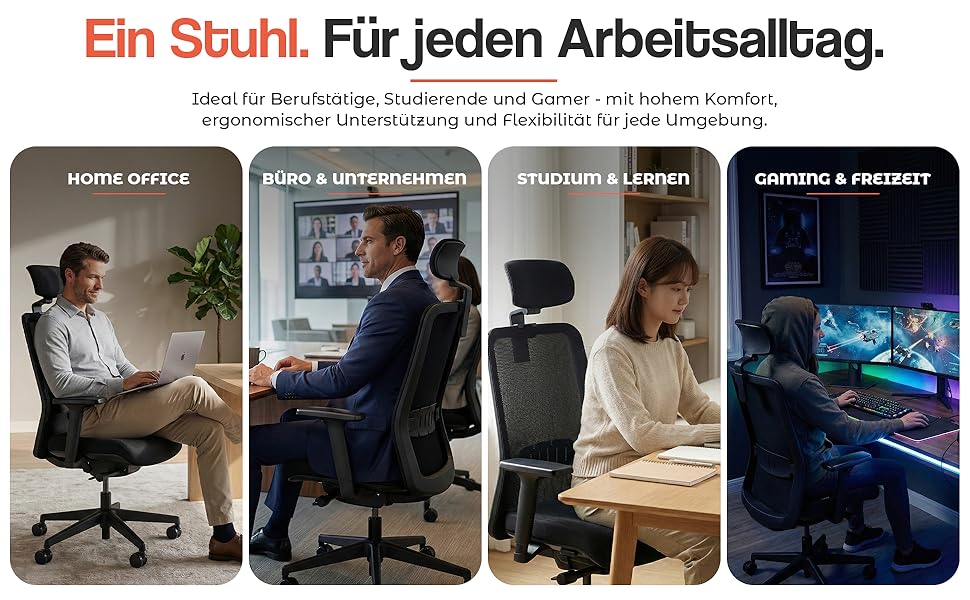 Офісний стілець YOS S5 з підтримкою спини та голови, чорний. Ergonomічний стілець до 150 кг, Made in Germany