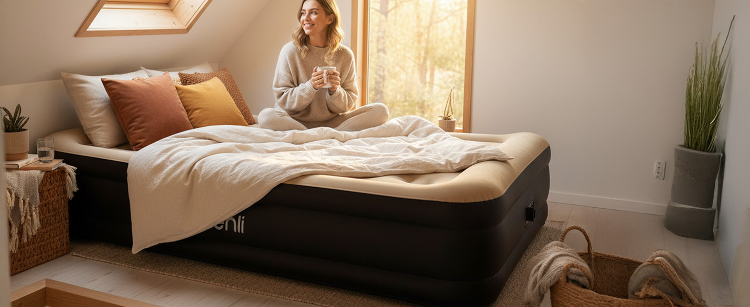 Надувний матрац-ліжко AVENLI для 2 осіб, 203x157x47 см з вбудованим насосом, флаокована поверхня, для кемпінгу та дому