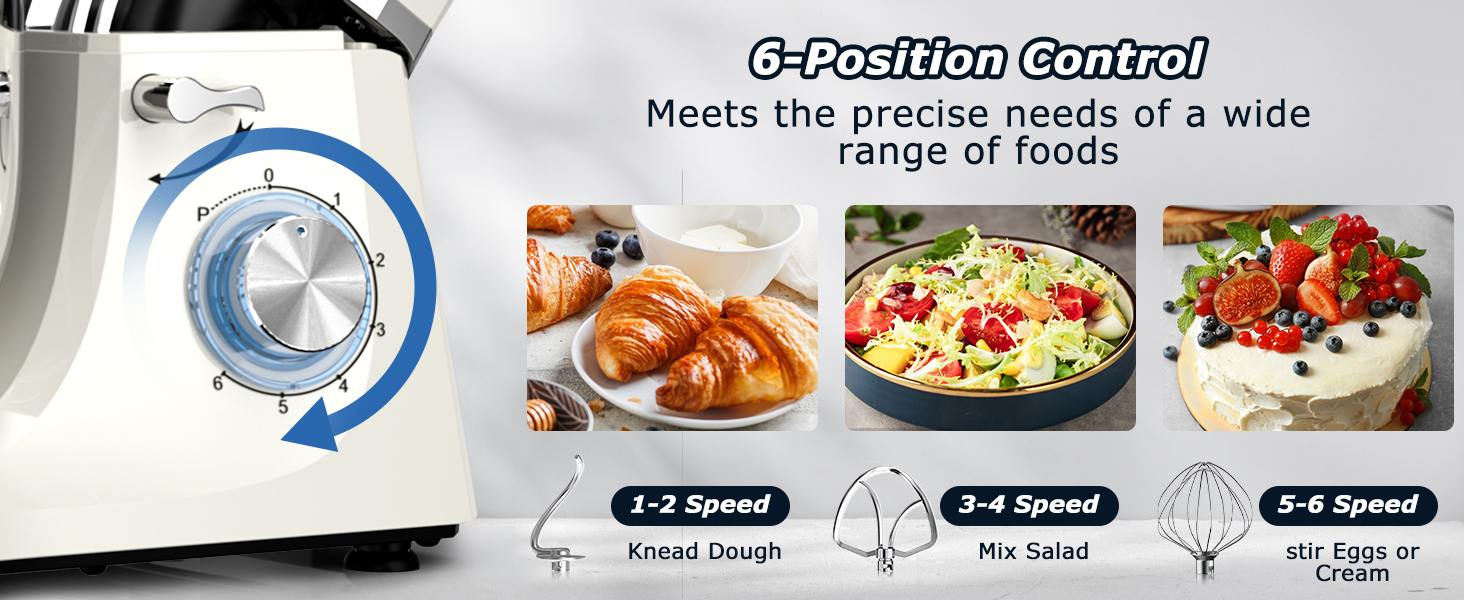 Кухонна машина Cheflee 2000W: потужна планетарна міксер для тіста та збивання, 6 швидкостей, 7.2 л чаша з нержавіючої сталі, гак для тіста та вінчик, захист від бризок (Cream White)