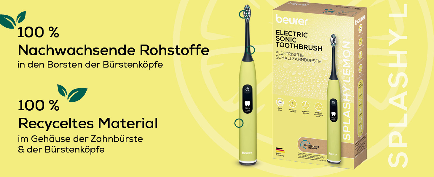 Електрична зубна щітка Beurer SC 30 Schallzahnbürste: 4 режими чищення, 80 000 коливань, таймер, LED-дисплей, 2 насадки, корпус з переробленого пластику (Splashy Lemon)