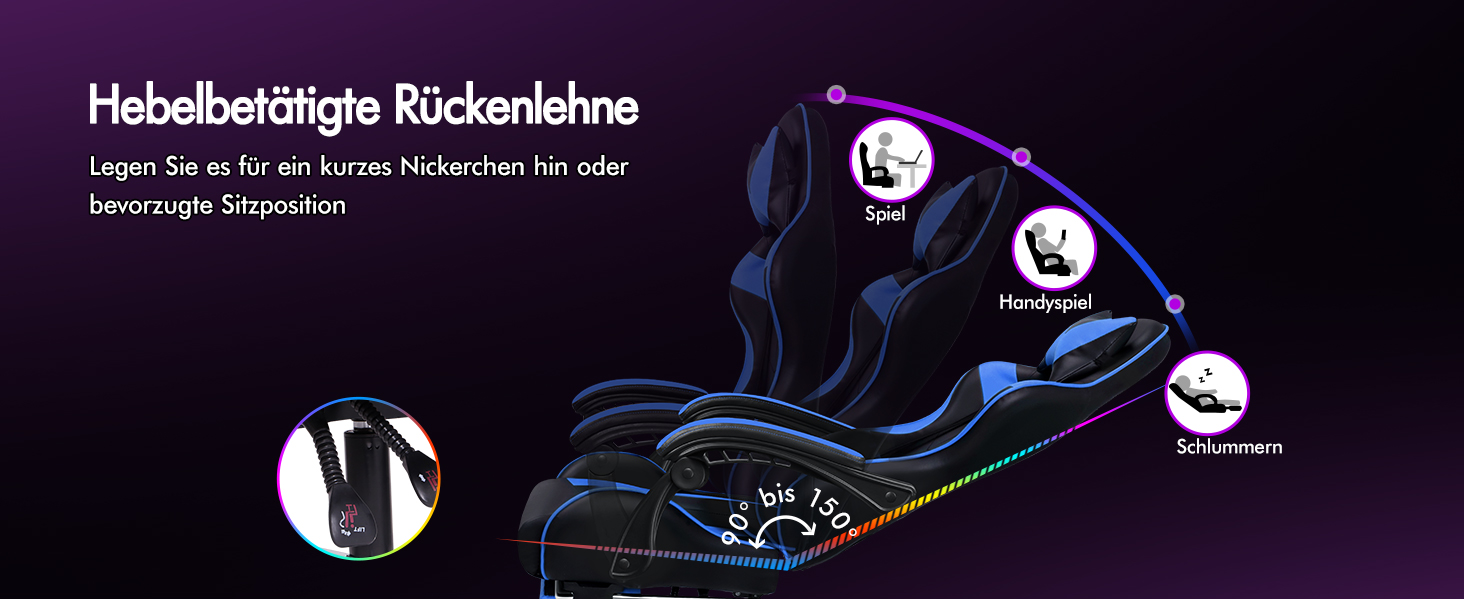 Ігровий крісло Alfordson з підніжкою, масажем, регулюванням на 150° та PU-шкірою. Макс. вага 180 кг, серія Eryx (Чорний/Синій)