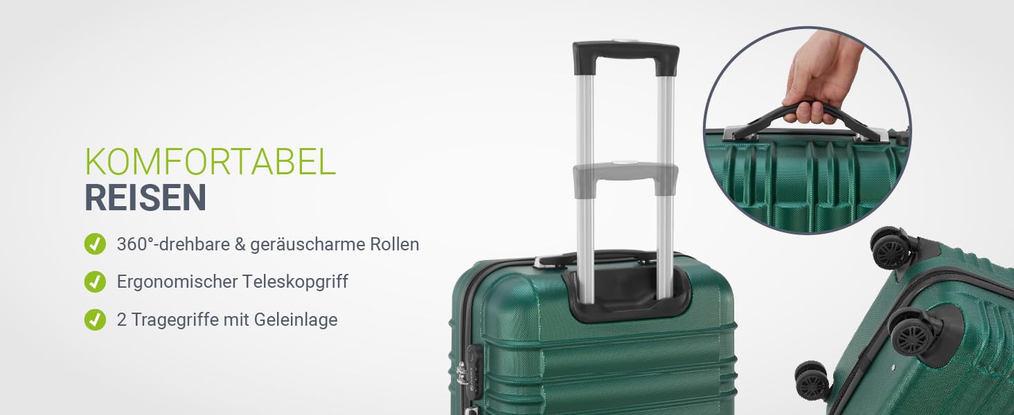 Набір валіз Juskys Hartschale 3 шт. з кодовим замком, тихі колеса 360°, телескопічна ручка, легкі - зелений колір