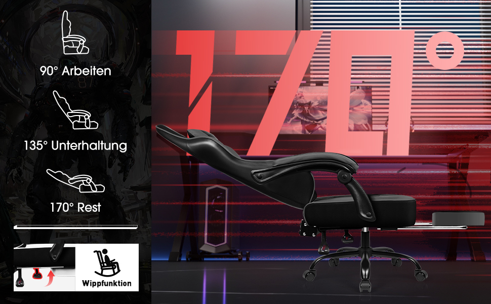 Ігровий крісло, офісне ергономічне крісло з регульованою підніжкою, з підголівником та підтримкою попереку, обертове, 150 кг, сірий