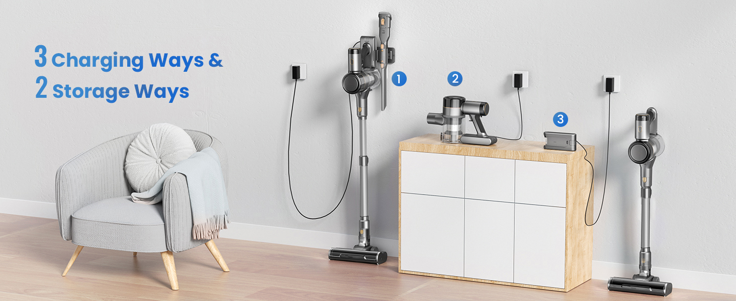 Акумуляторний пилосос Dzaki 45KPa бездротовий без мішка з дисплеєм, антинамотувальна щітка, 55 хв роботи, знімна батарея, для твердих поверхонь, шерсті тварин, килимів, авто (Золотистий сірий)