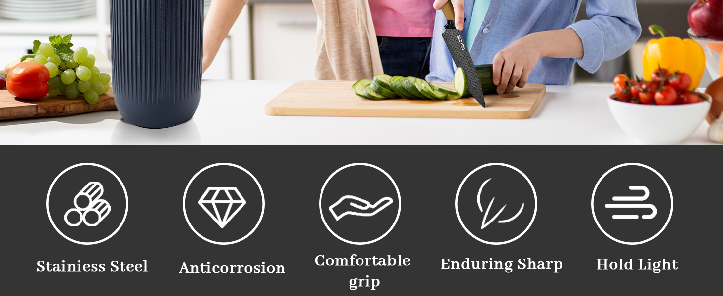 Набір кухонних ножів, 6 предметів, чорний, гострий, з антипригарним покриттям, нержавіюча сталь, з підставкою (Khaki)