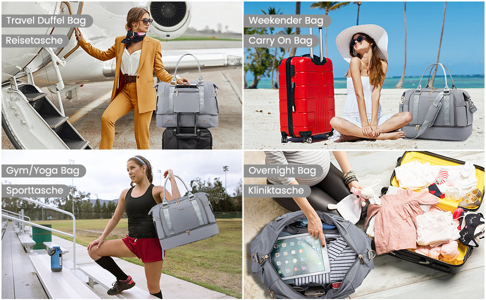 Спортивна сумка LOVEVOOK для подорожей, жіноча дорожня сумка Weekender з косметичкою, відділенням для взуття та мокрих речей, водонепроникна, 37L, сіра