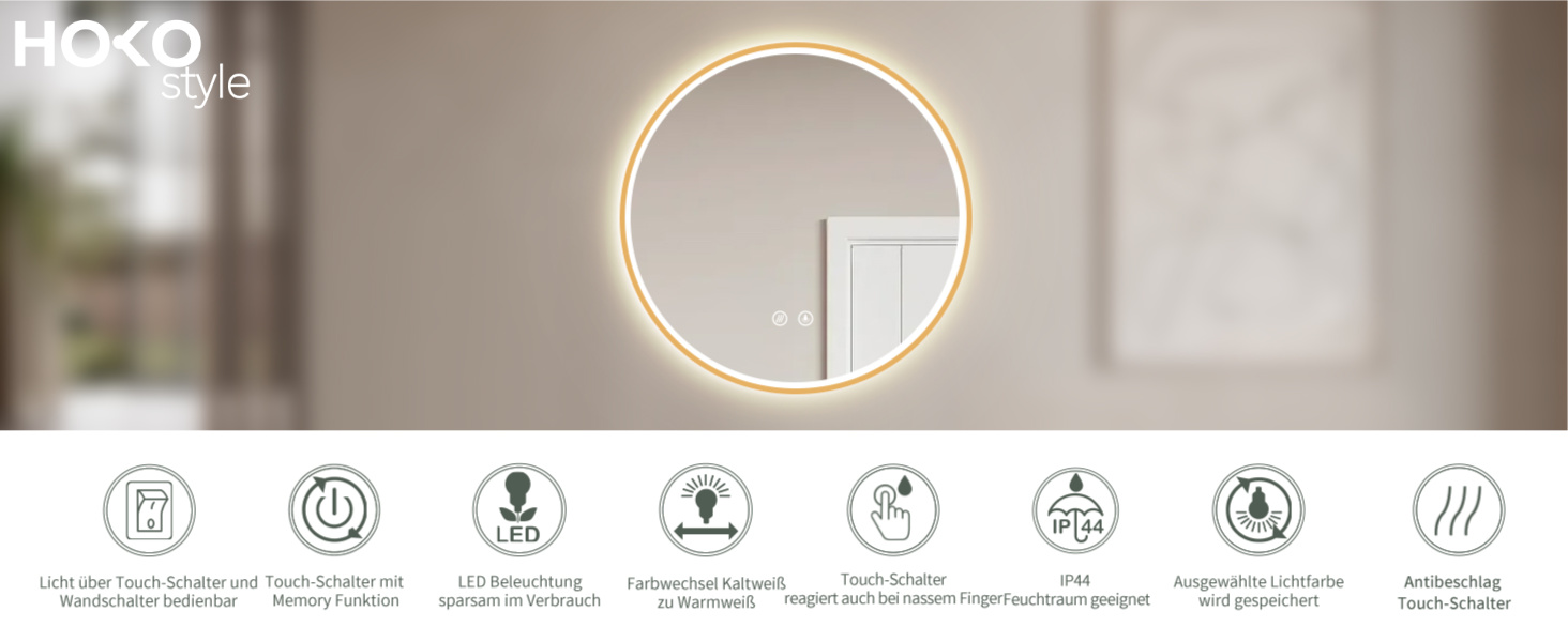 Дзеркало для ванної кімнати HOKO Design Riga діаметром 60 см з металевим каркасом. Кругле настінне дзеркало з енергозберігаючою LED-підсвіткою, сенсорним вимикачем, регулюванням кольору світла (тепле біле, холодне біле, нейтральне) (80x80 см, золото + антивміст)