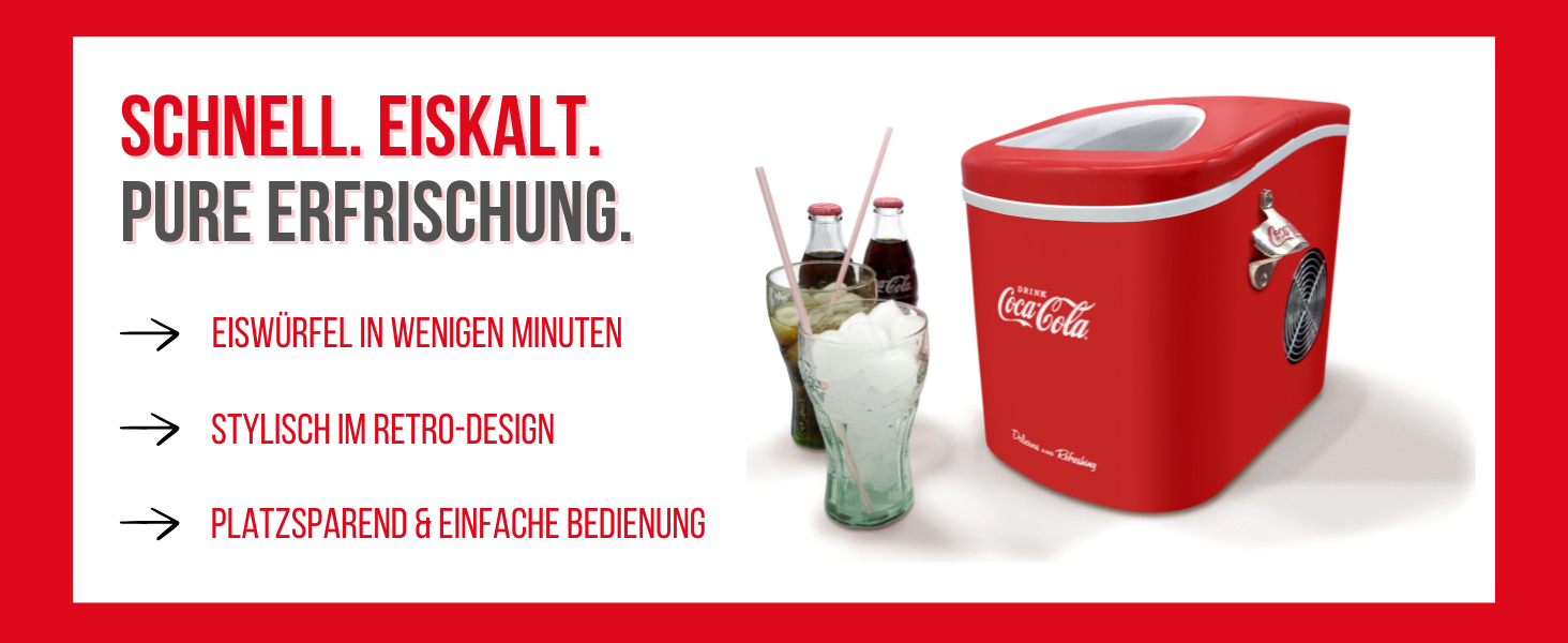 Льодогенератор Salco Coca Cola, 10 кг/день, 2 розміри льоду, ретро дизайн, портативний, червоний, для коктейлів та напоїв