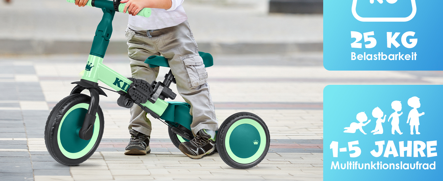 Біговел-триколіс KIDIZ 6-в-1 для дітей 1-5 років до 25 кг, з ручкою, захисним бампером, ременем безпеки, дзвінком та дзеркалом (зелений)