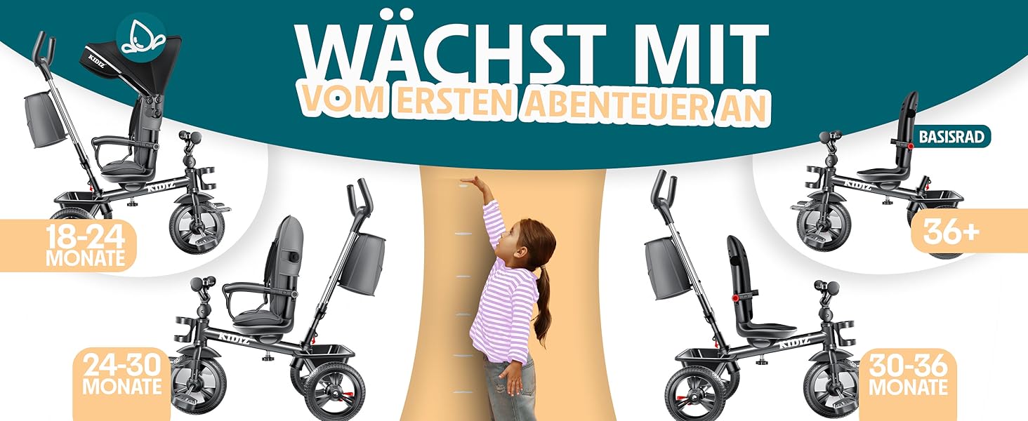 Дитячий триколісний велосипед KIDIZ 6-в-1: з ручкою, кошиком, сонцезахисним дахом, до 25 кг, сірий