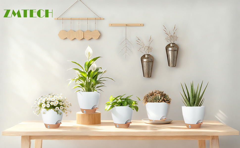 Набір горщиків для квітів ZMTECH 25 см з підставкою, пластикові пересаджувальні горщики з автополивом, квіткові горщики з індикатором рівня води для дому/саду (2 шт.,) (Білий, 15 см (5 шт.))