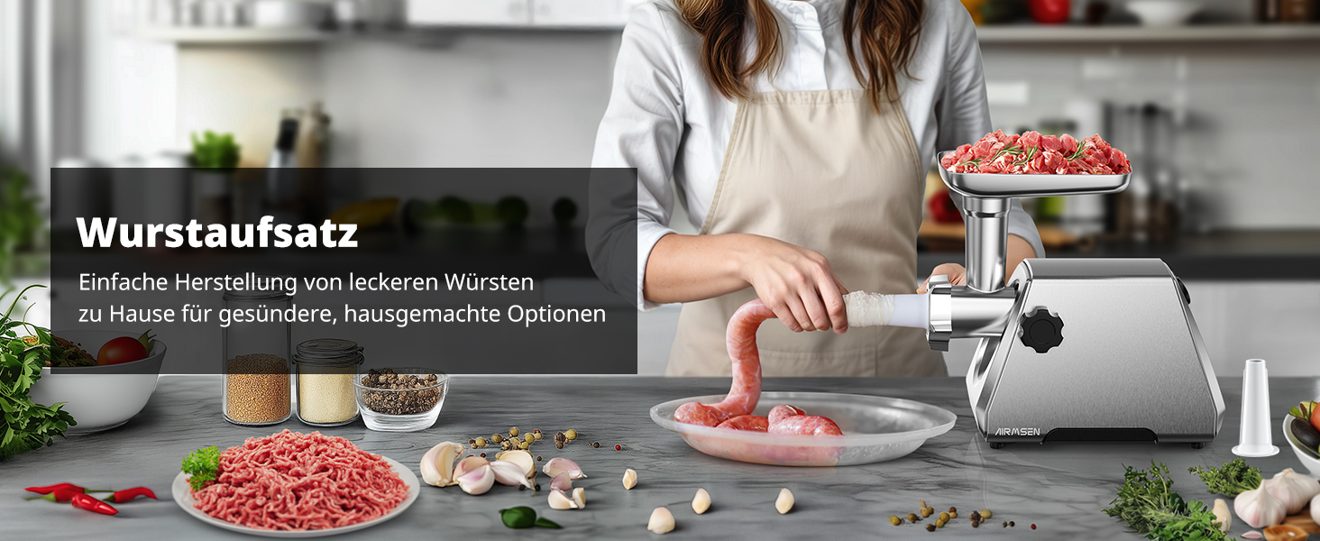 Електрична м'ясоподрібнювач AIRMSEN з насадкою для ковбас, 2 леза з нержавіючої сталі, 3 диски, аксесуар Куб, тихий промисловий двигун, для дому, нержавіюча сталь