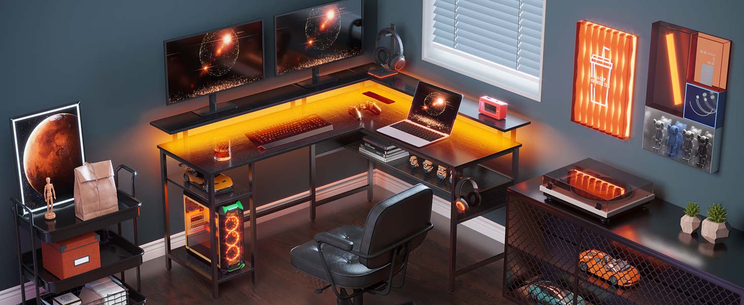 Роланстар Стіл ігровий L-подібний з LED та розеткою, 137 x 108 см, комп'ютерний стіл з підставкою для монітора та місцем для зберігання, реверсивний кутовий стіл для офісу, домашнього офісу (Білий) (Чорний)