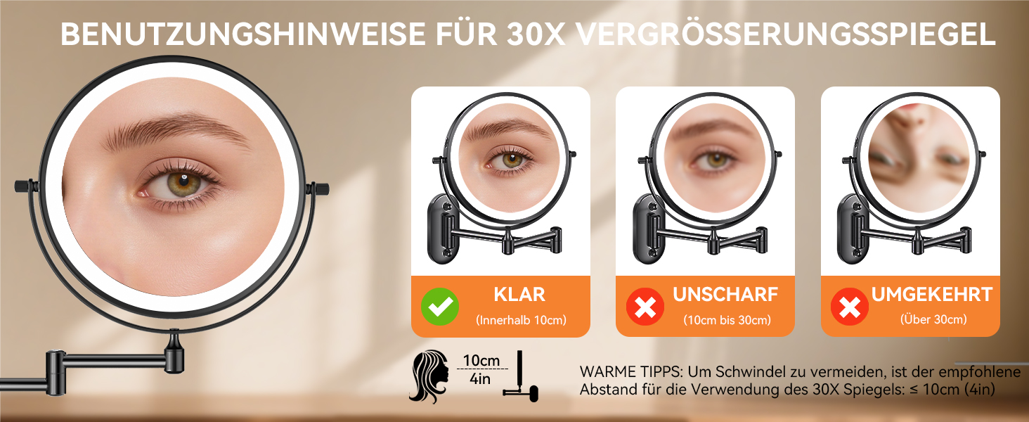 Дзеркало для макіяжу Auxmir з підсвічуванням, 1X/ Акумуляторний, 3200mAh, для гоління, настінний, з регулюванням яскравості, збільшення 30X, 3 кольори світла, поворот на 360°, для ванної кімнати (Чорний)