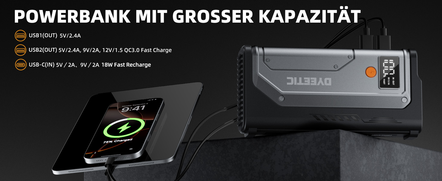 Powerbank Starthilfe 7000A: Автомобільний пусковий пристрій для 12V авто, бензин та дизель (до 12.0L), з LED ліхтариком та USB зарядкою