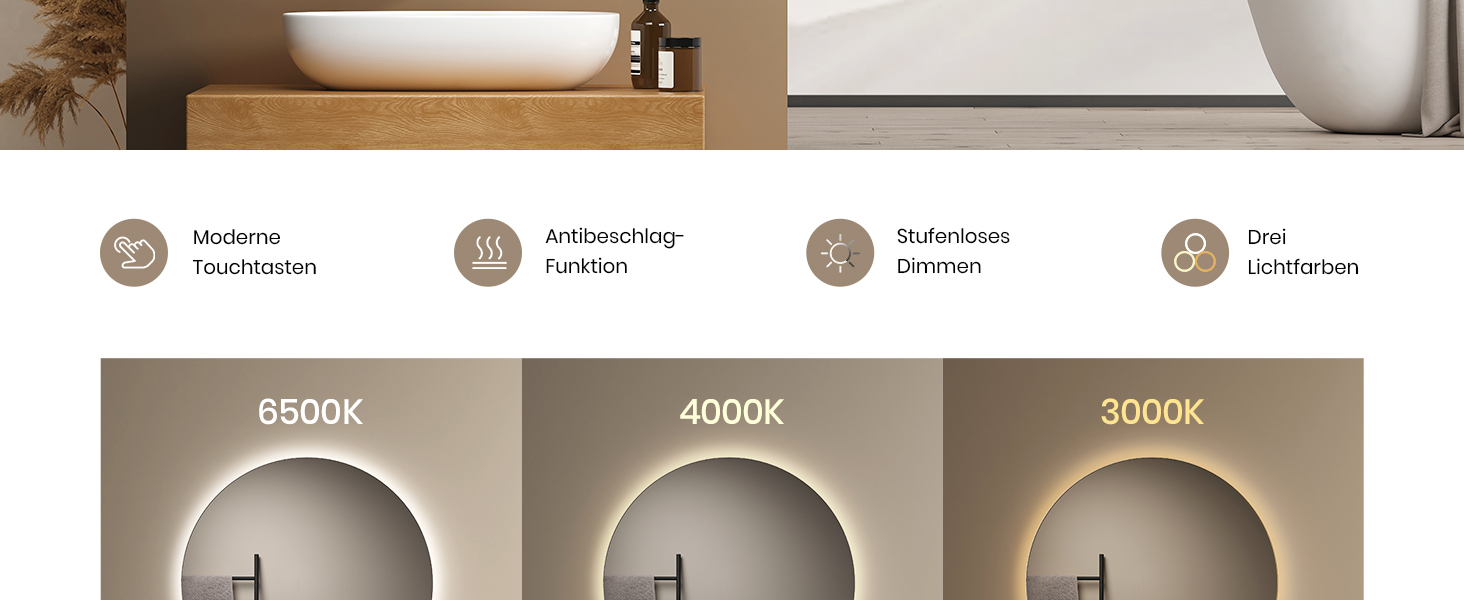 Дзеркало для ванної кімнати EMKE з підсвічуванням, 50 см, кругле, без рами, з регулюванням яскравості, 3 кольори світла, антизапар, сенсорне управління, функція пам'яті, 60x60 см