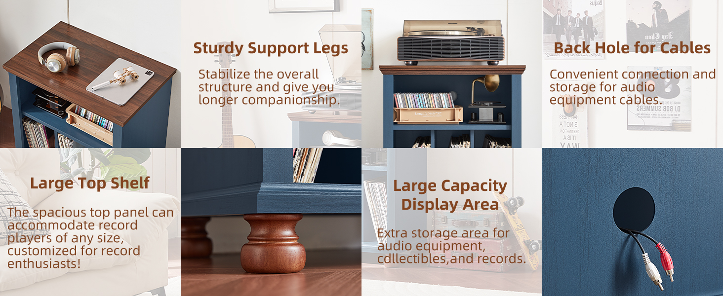 LELELINKY Підставка для програвача, полиця для платівок, містить до 200 платівок, великий дерев'яний стіл для програвача, полиця для платівок у вітальню, спальню, офіс (Блакитний)