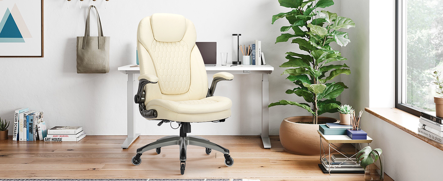 Крісло для офісу Colamy: ергономічне крісло з дихаючої шкіри, підголівник, регульовані підлокітники та м'яке сидіння з пружинним блоком, для дому та офісу (слонова кістка)