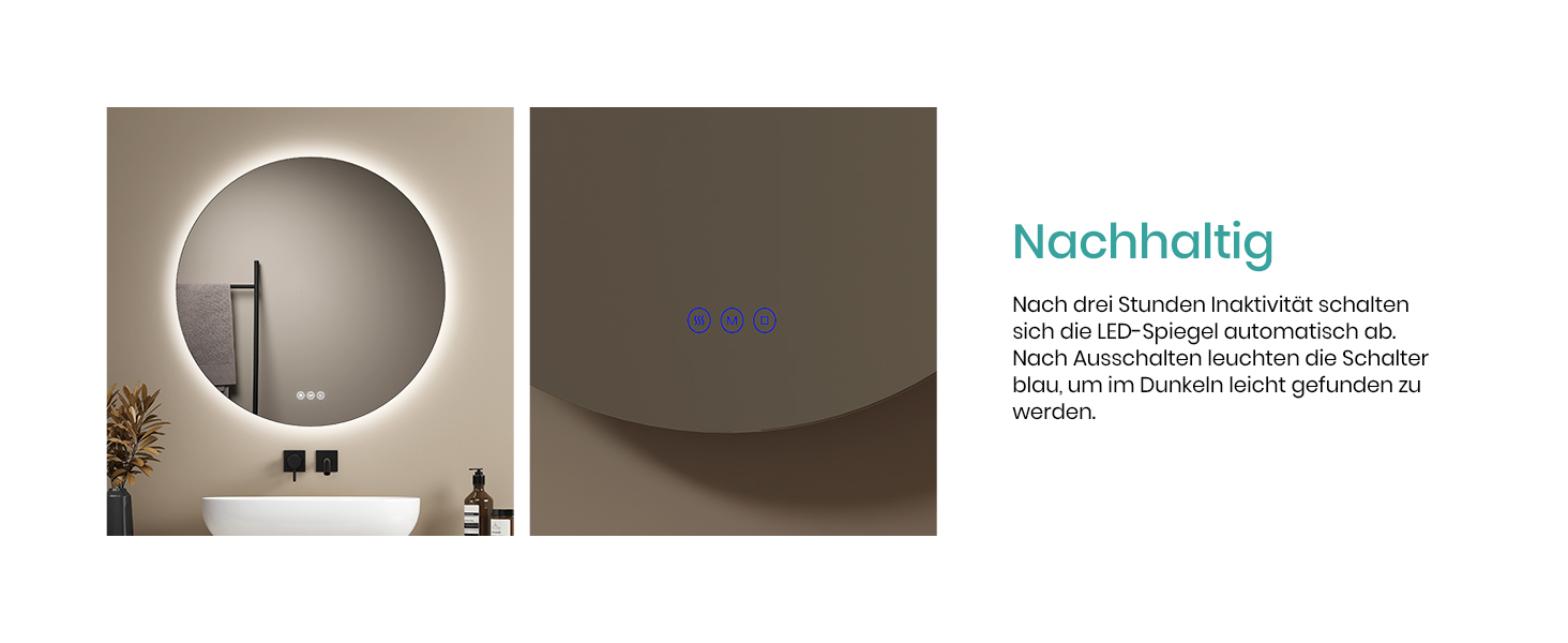 Дзеркало для ванної кімнати EMKE з підсвічуванням, 50 см, кругле, без рами, з регулюванням яскравості, 3 кольори світла, антизапар, сенсорне управління, функція пам'яті, 60x60 см