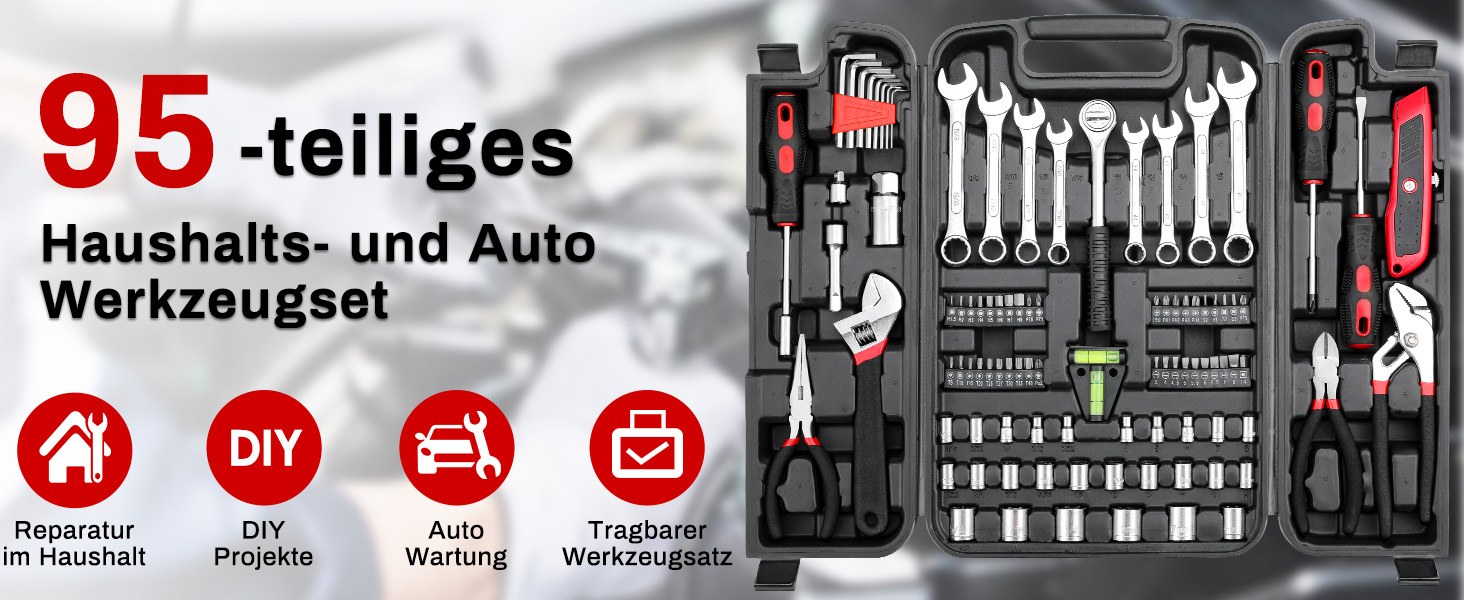 Набір інструментів 95 предметів у пластиковому кейсі Werkzeugkoffer: набір для дому, авто, гаража з тріскачкою, викрутками та ключами