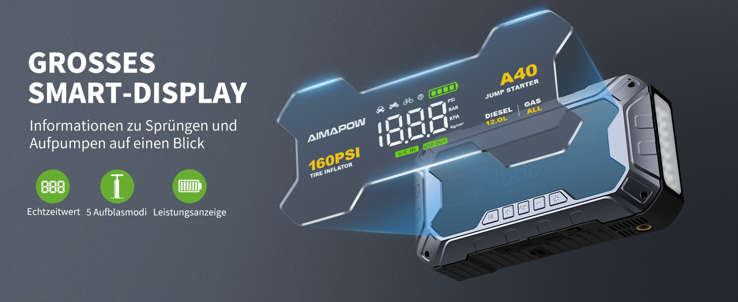 Powerbank для автомобіля AIMAPOW Starthilfe 8000A з компресором та LED-ліхтарем, 27000mAh, 160PSI, для бензинових та дизельних двигунів (до 12.0L)