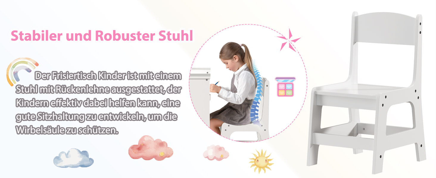 Дитячий туалетний столик MAMIZO 2 в 1 з дзеркалом та пуфом, рожево-білий, 108x30x114 см