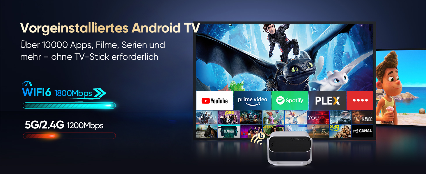 Smart міні-проектор Neuer 4K Android 14 WiFi6 BT5.2 для дому та мобільного використання (Чорний)