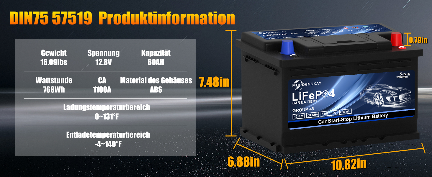 Автомобільний стартерний акумулятор MOUDENSKAY 12V 60Ah LiFePO4 із захистом BMS, CCA1100, DIN75/57519/57217/AGM-H6-70