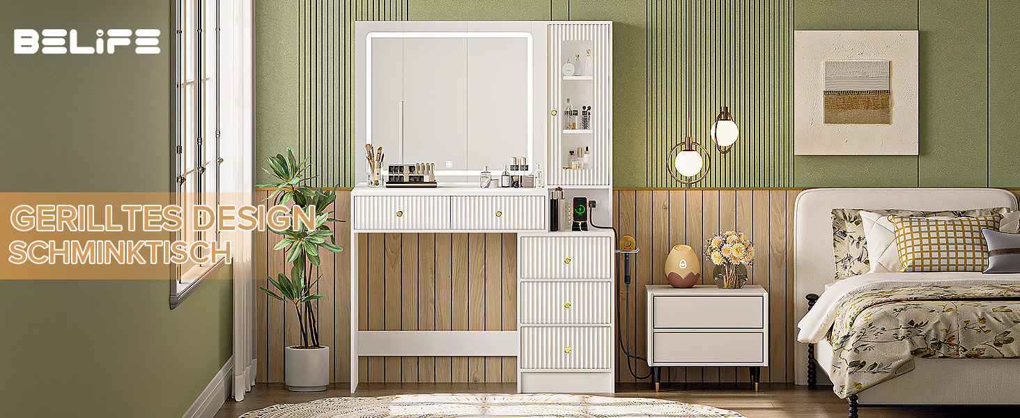 Дзеркальний туалетний столик Belife з підсвічуванням та 7 шухлядами, з розеткою та 3 кольорами світла для спальні (V3)