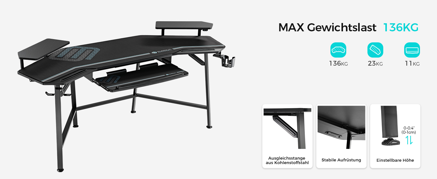 Ігровий стіл EUREKA ERGONOMIC 160x74 см - великий стіл у формі крила з 2 відсіками для iPad. Підходить для дому, офісу, стрімінгу. Чорний колір.