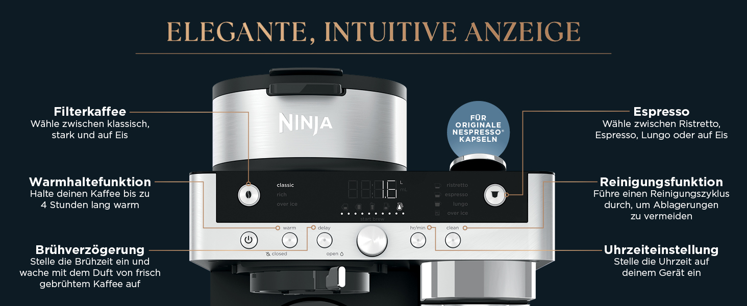 Кавомашина Ninja Prestige 2-в-1 для фільтр-кави та капсул з вбудованим капучинатором, для лате, айс-кави та флет вайт, чорна CFN802EU