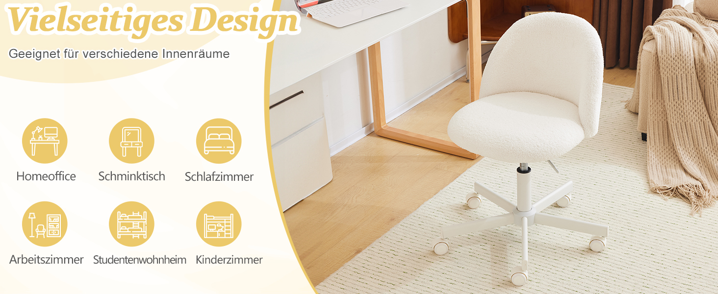 Офісне крісло Bonnlo з роликами, стілець для туалетного столика, регульований по висоті, для робочого кабінету, спальні, home office, з м'якої тканини Тедді, білий