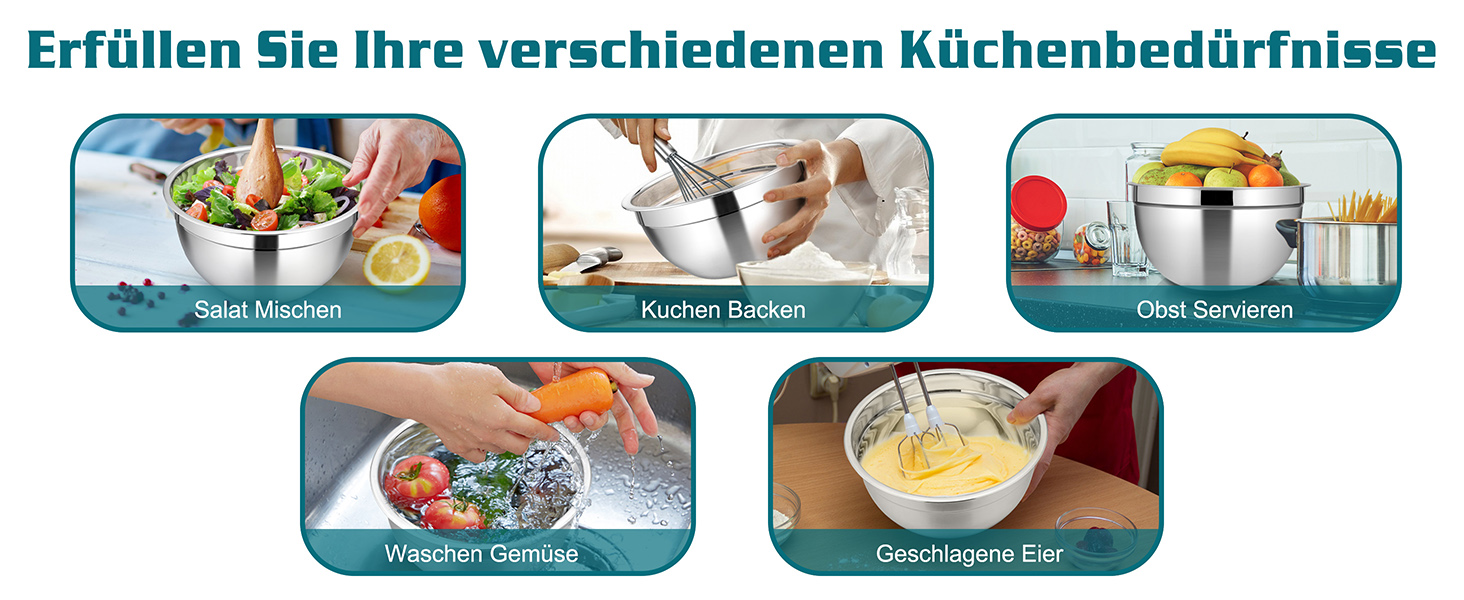 Набір мисок Homikit, 5 шт. з нержавіючої сталі, з кришкою та силіконовим дном, мультифункціональний, для салатів, 6.6L / 3.5L / 2.5L / 1.5L / 1L (блакитний, з 3 тертками)
