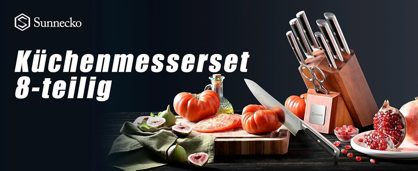 Набір ножів Sunnecko 6 шт. з підставкою – кухонний набір ножів, кухонні ножі з ергономічними ручками, гострими лезами, підставка з нержавіючої сталі та акації