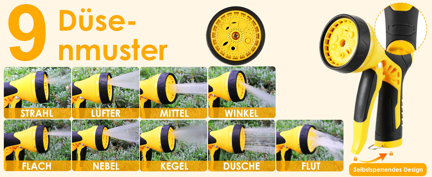 Шланговий барабан з шлангом для саду з автоматичним змотуванням, поворотний на 180°, настінна шланговий бокс з ручною лійкою (9 функцій), для поливу та миття авто (чорно-жовтий, 30м)