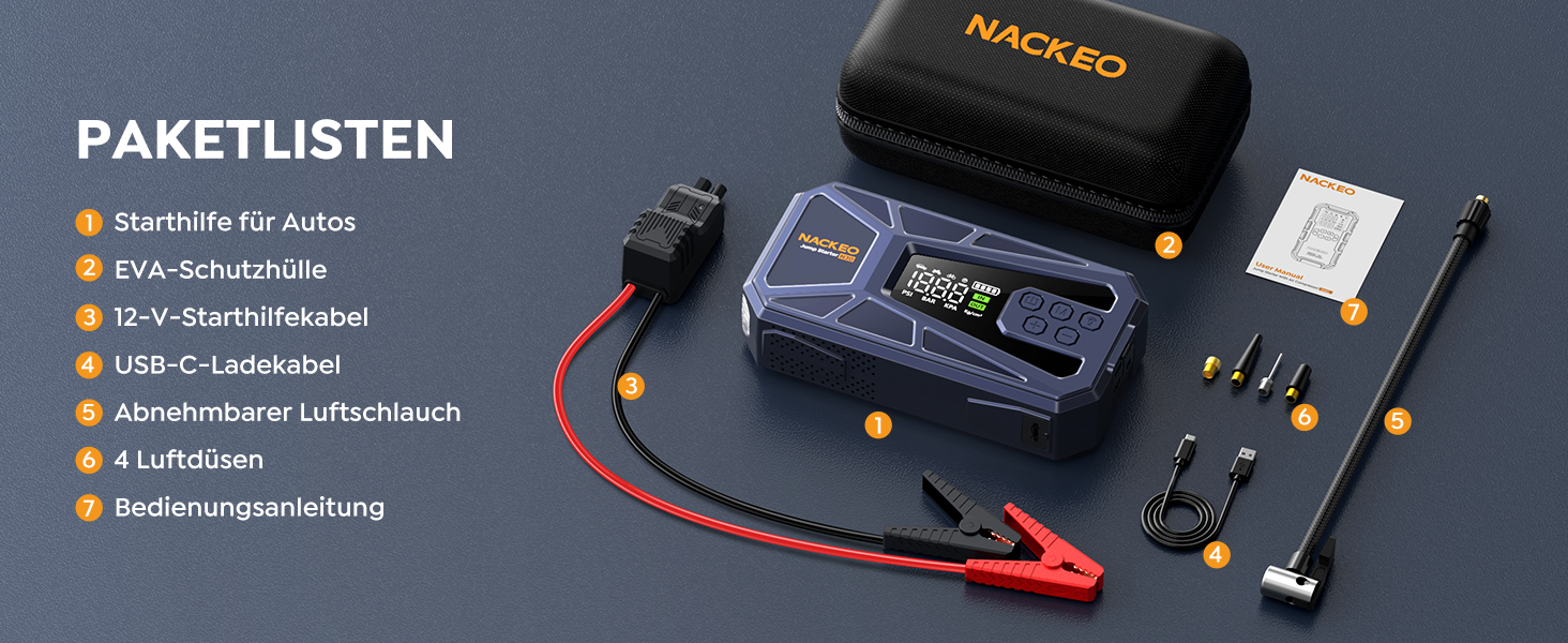 Пусковий пристрій (бустер) 8000A з компресором 160 PSI, Powerbank 12V для бензинових та дизельних двигунів до 12.0L, портативний стартер з LED-ліхтарем 600LM та кабелями