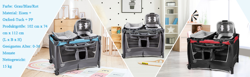 Дитяче туристичне ліжко COSTWAY 5 в 1 з матрацом, сірим кольором, до 15 кг, з пеленатором та іграшкою