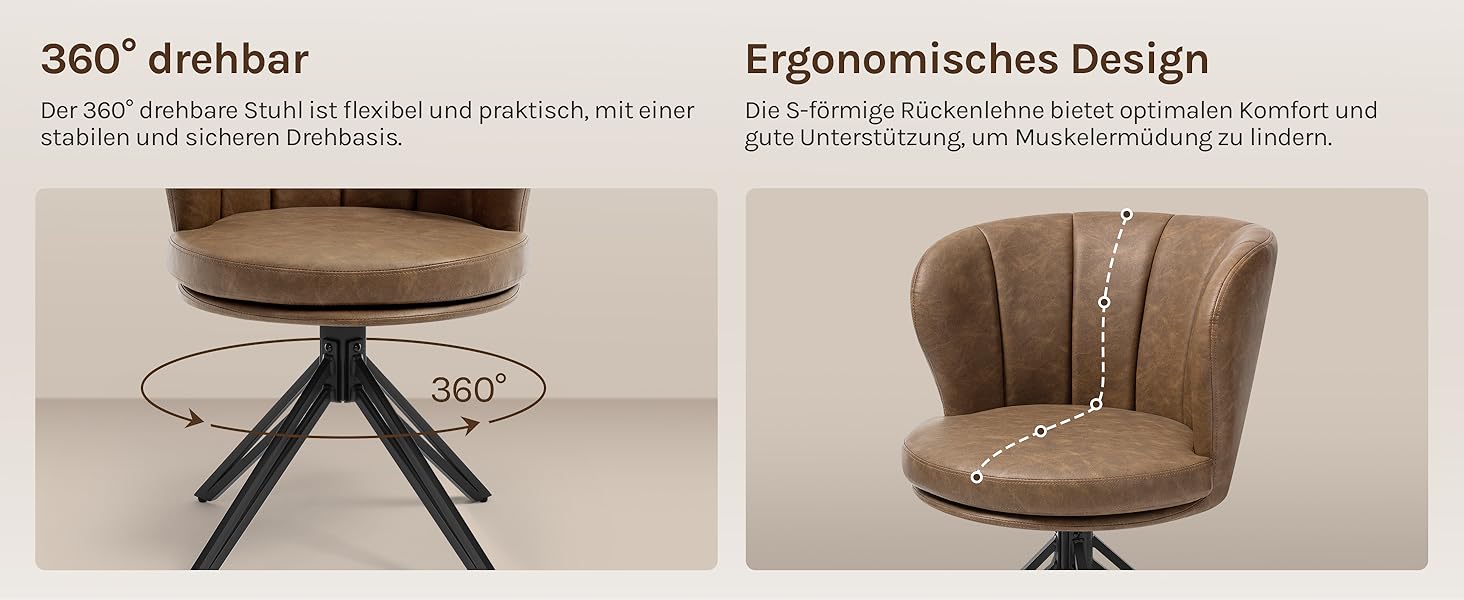 Крісла для їдальні WOLTU (2 шт), обертаються на 360°, з підлокітниками, для кухні та вітальні, стильні, витримують до 150 кг (штучна шкіра, темно-коричневі)