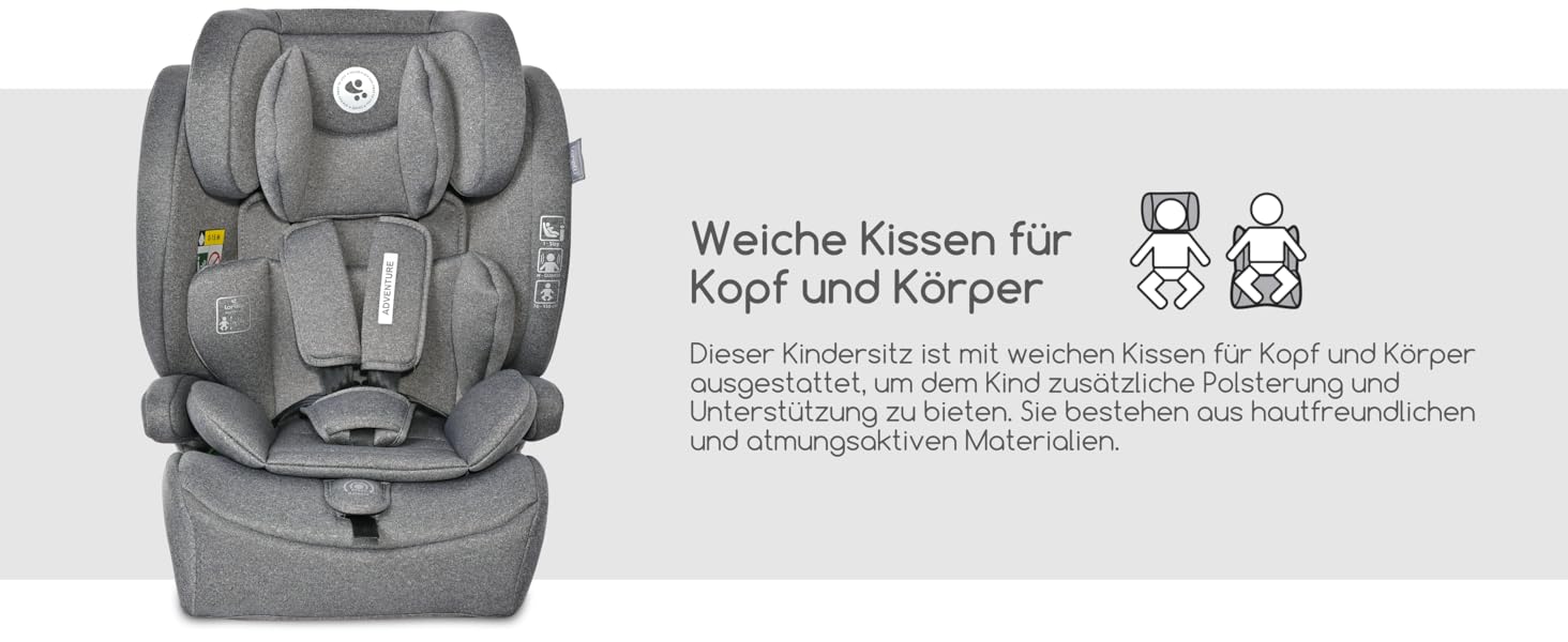 Автокрісло Lorelli Adventure i-Size 9-36кг, сіре - з регульованою підголівником та 5-точковим ременем безпеки