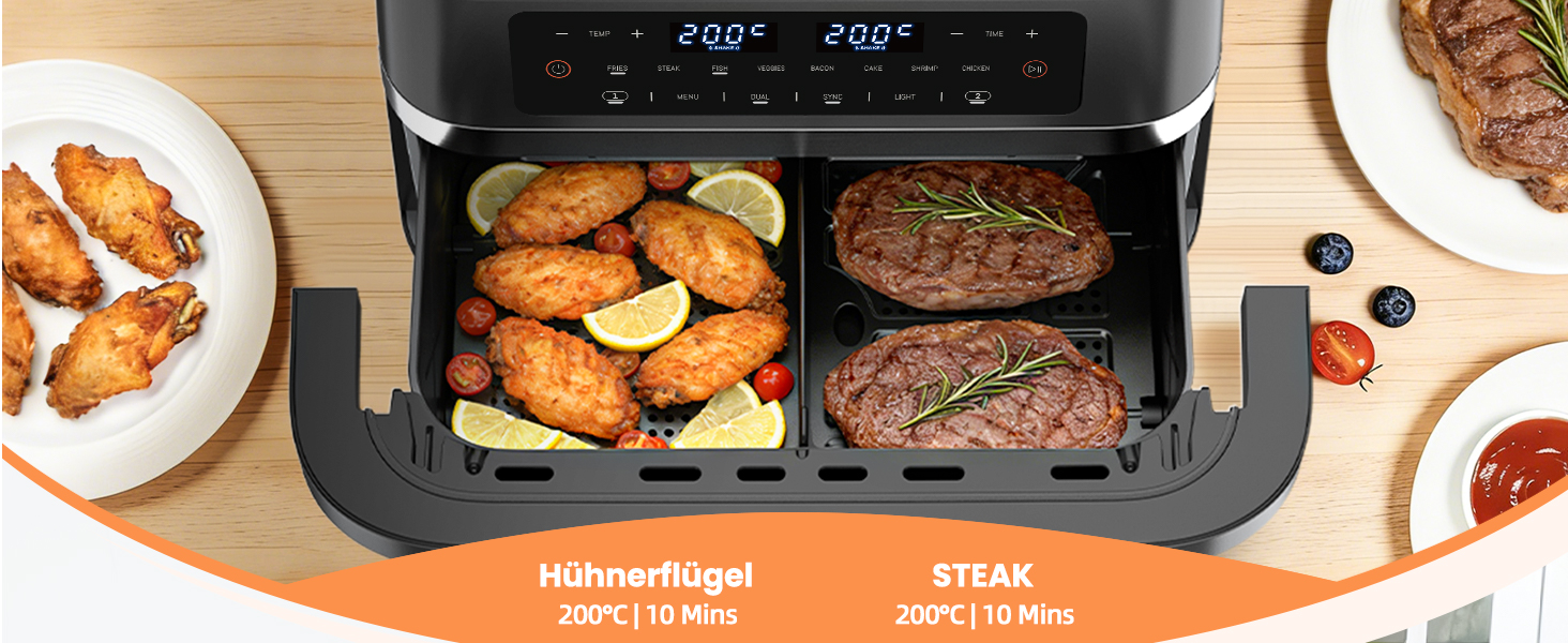 Аерофритюрниця WELLENT 12L Dual Zone XXL - двокамерна фритюрниця з гарячим повітрям 2950W (6+6Л), з вікном перегляду, функціями Match & Sync та нагадуванням про струшування, придатна для посудомийки