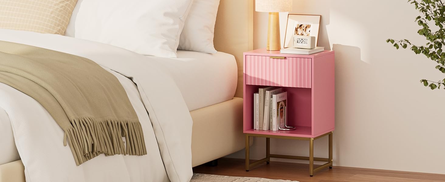 Приліжкова тумбочка з відкритим відсіком, журнальний столик для вітальні та спальні (горіх), 40 x 30 x 60 см, рожеве фетрове покриття