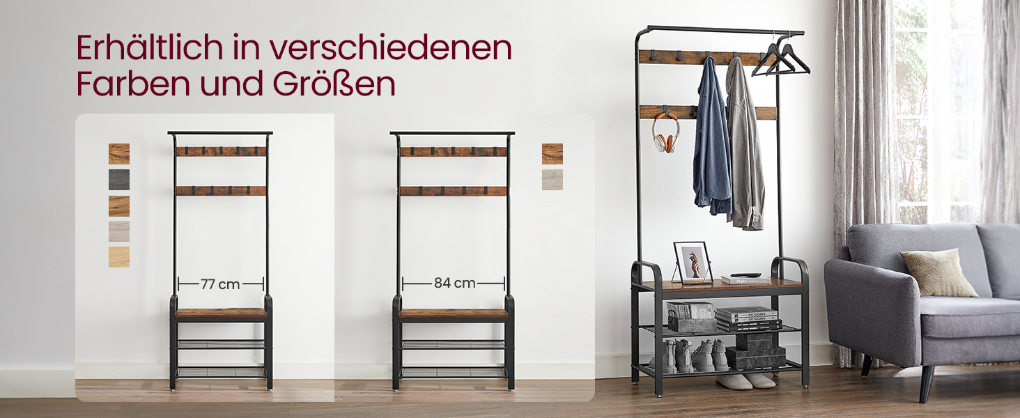 Стійка для одягу VASAGLE з полицею для взуття, 4-в-1, 9 гачків, 33.7 x 72 x 183 см, індустріальний дизайн, горіхово-коричневий/чорний