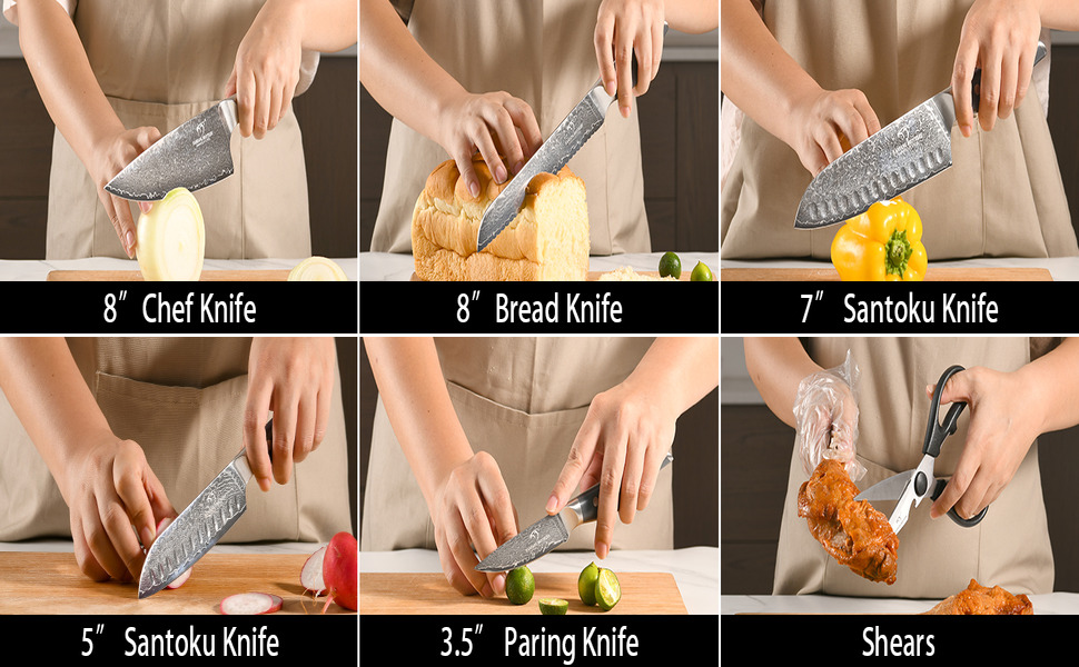 Набір кухонних ножів з дамаської сталі з дерев'яним блоком (7 предметів) - професійний набір ножів для кухні, VG10, G10, ергономічні ручки (червоний)