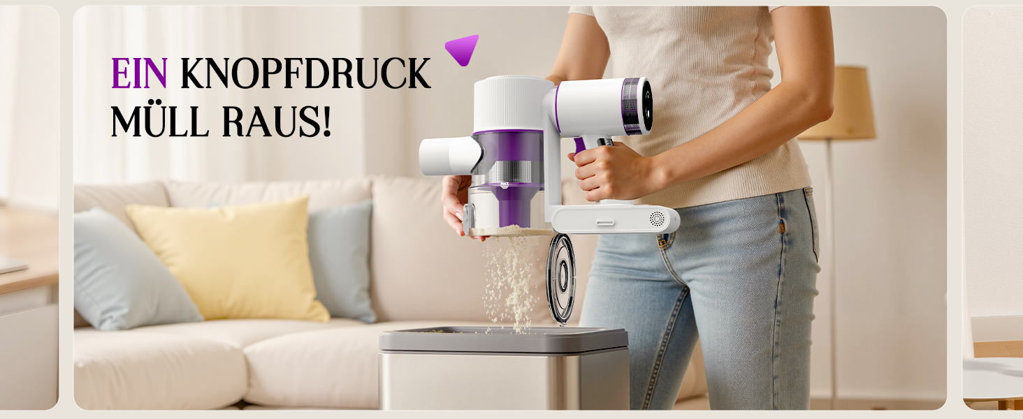 Бездротовий акумуляторний пилосос 45000 Па, 60 хв, 1,75 кг, 6-в-1 з сенсорним екраном, LED-підсвіткою, антизаплутувальною щіткою та зарядною станцією, 7-шарова фільтрація для шерсті тварин, килимів, твердих поверхонь, авто, білий з фіолетовим