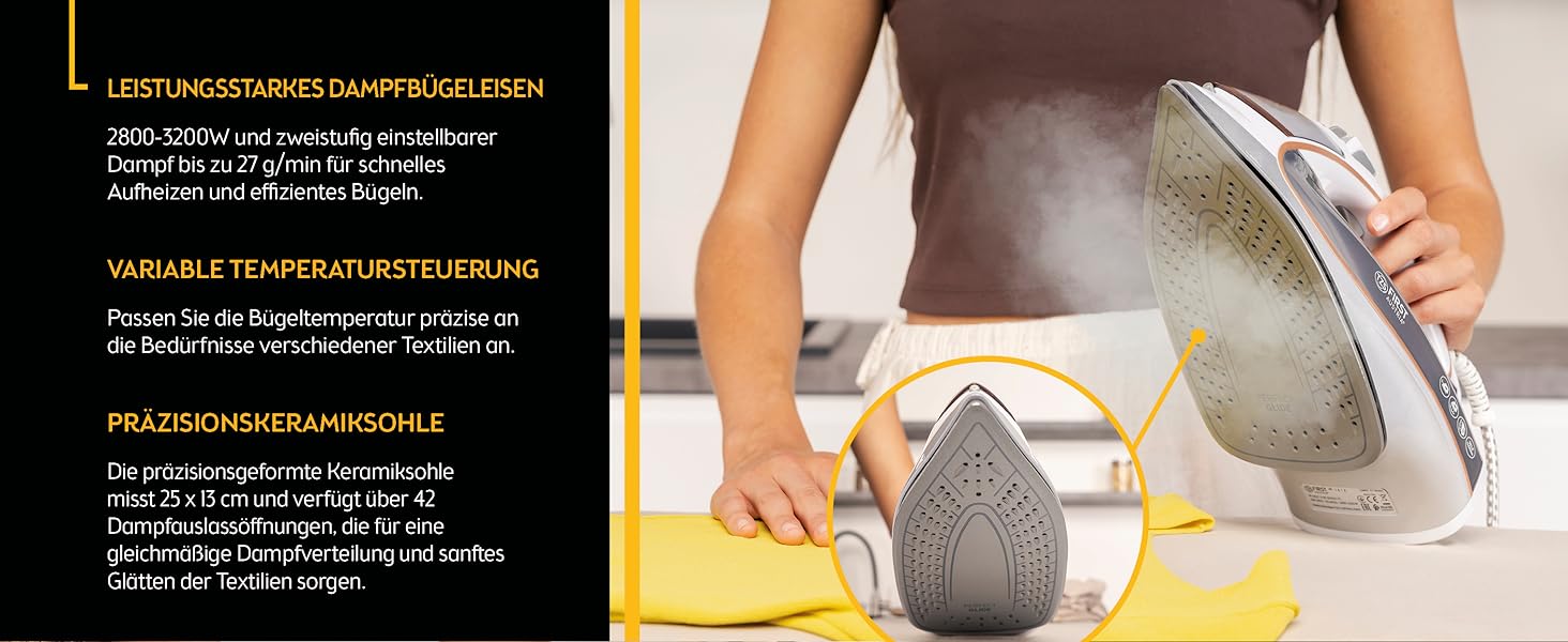 Відпарювач TZS First Austria I 2800-3200W з керамічною підошвою | Самоочищення, вертикальний пар, антинакип | 0,45л, 1.3кг, білий/мідний